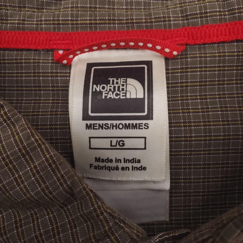 North Face Shirt Mens Large Green Check Plaid Button Up Outdoor Camp Cabin Hike